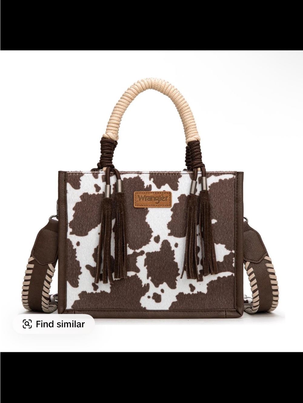 Wrangler Brown and White Cowhide Tote Bag with Tassel Accents